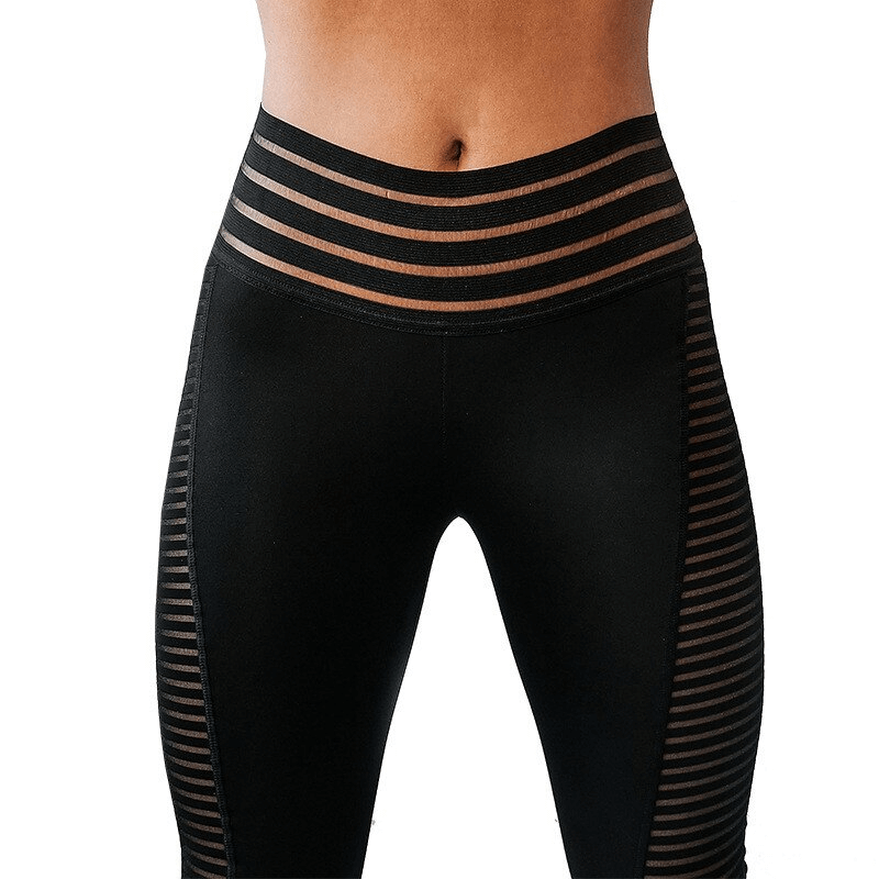 Black high waist leggings with mesh patchwork design for women, offering stylish tummy control and breathable comfort.